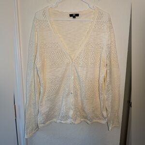 Frye Pointelle Cardigan Womens XL Ivory White Scalloped Button Down Knit Sweater